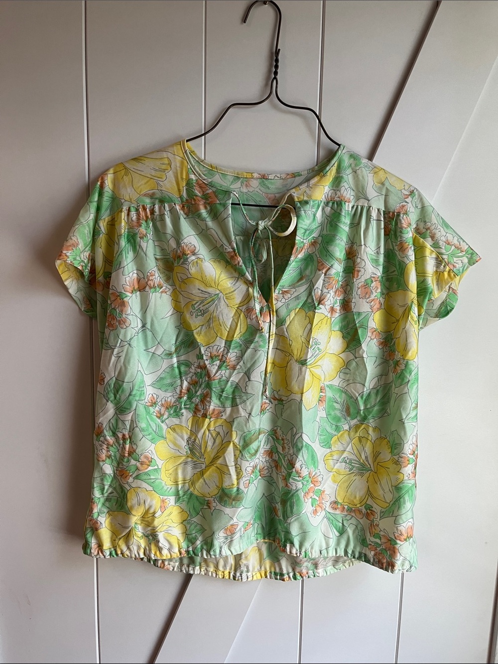Vintage Floral Tie-Neck Blouse - Green, Yellow & Peach